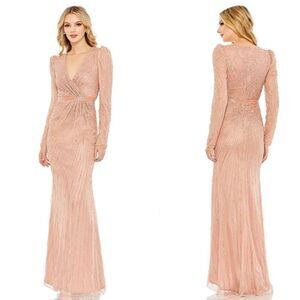 Mac Duggal 5715 Sequin Wrap-Over Long-Sleeve Embellished Gown, Rose, Size 10